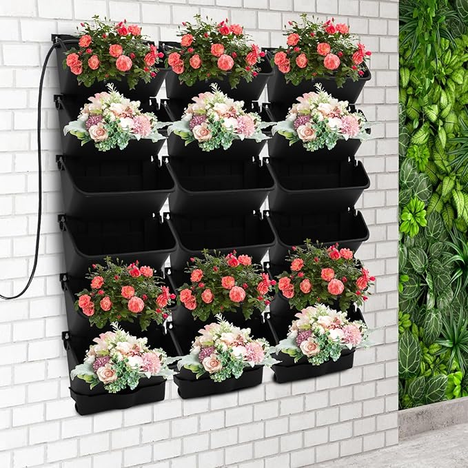 Self-Watering Wall-Mounted Planter, Vertical Garden Planter Set with 18 Pots, Stackable Plant Grow Pots with Electronic Timer for Growing Veggies, Fruits, Herbs, Flowers.-Ruum Studio Home