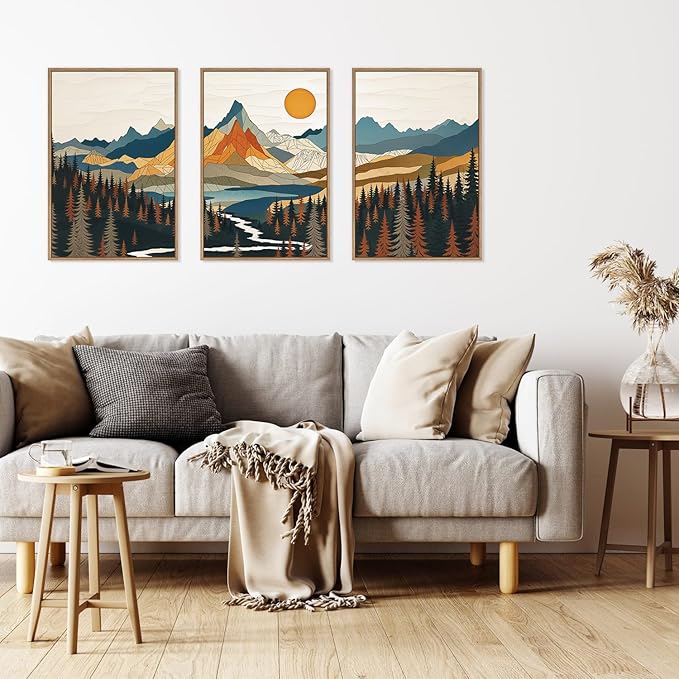 HLNIUC Large Sunset Mountain Framed Wall Art,Boho Forest Pine Tree Canvas Wall Decor Set of 3(16”X24”) Blue and Orange Landscape Art Print,Colorful Mountain Lake Wall Painting for Living Room,Bedroom-Ruum Studio Home