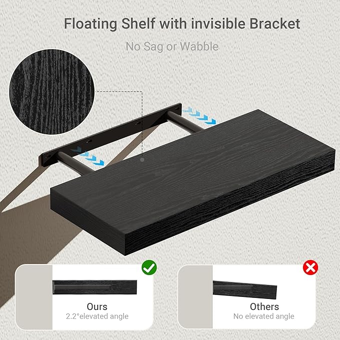 Black Floating Shelves for Wall, 16 inchs x 6.7” deep x 1.4” Wall Shelf for Bathroom Bedroom, Living Room, Kitchen, Office Home Decor, Narrow Wood Shelves with Invisible Brackets Set of 2-Ruum Studio Home