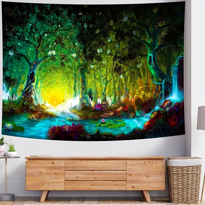 Delur Fantasy Forest Tapestry Mystical River Enchanted Magical Fairy Tale Tree Tapestry Sunrise Landscape Sunset Nature Psychedelic Wall Hanging Headboard for Bedroom Living Room Home Decor (51.2" x 59.1")-Ruum Studio Home