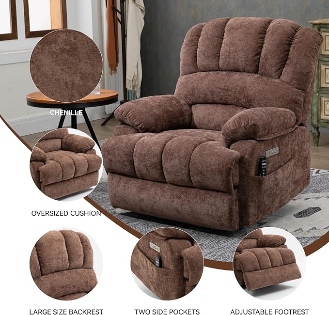 Large Power Lift Recliner Chair with Massage and Heat for Elderly, Ergonomic Backrest, Infinite Adjust, 2 Side Pockets,USB and Type-C Ports, Chenille Brown-Ruum Studio Home