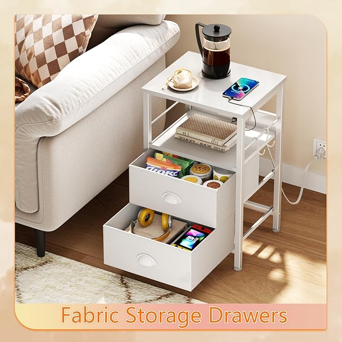 Furologee End Table with Charging Station, Nightstand with Fabric Drawers, Side Tables with USB Ports & Outlets, Night Stand with Storage Shelf & Hooks, for Living Room/Bedroom, White-Ruum Studio Home