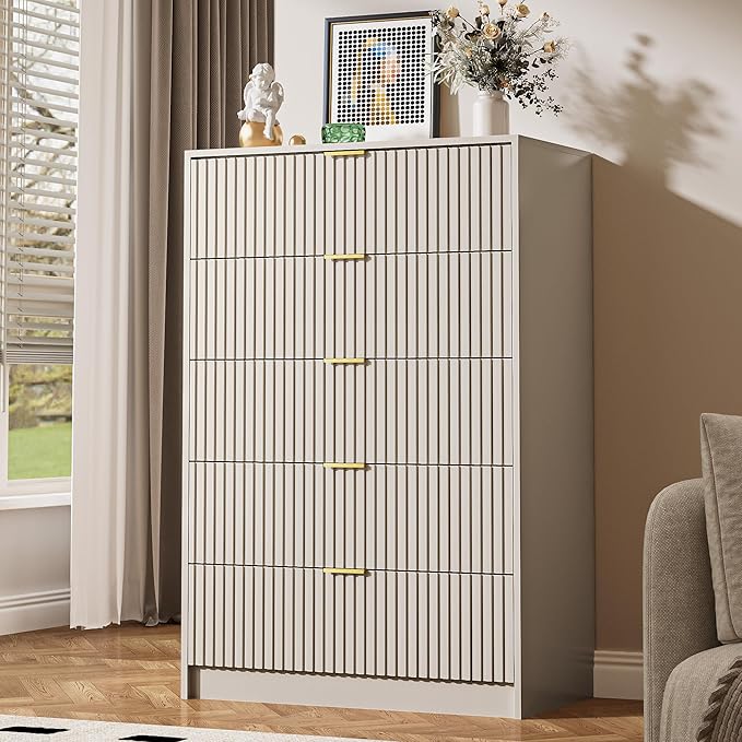 5 Drawer Dresser for Bedroom, Tall Dresser Chest of Drawers with Gold Handles, 32 Inch Wide Nightstand with for Bedroom, Living Rooms, Offices, and Entryways, Beige-Ruum Studio Home