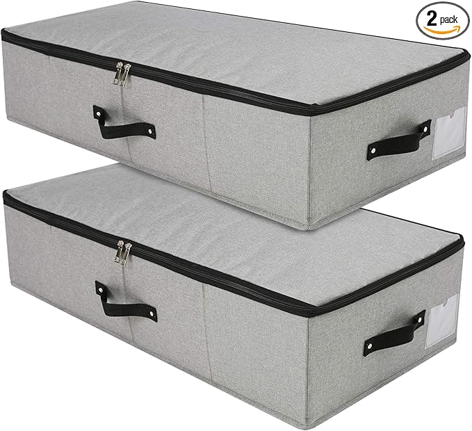 2PCS Foldable Under Bed Storage Container with Plastic Support Liner, Handles, Zipper lid, Sweater Pillow Blankets ClothesStorage Organizer for Bedroom and Closet, 29×15×7inch, Dark Grey-Ruum Studio Home