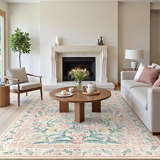 Wonnitar Floral Large Rugs for Living Room, Soft Light Pink Rug Washable 9x12 Carpet Non Slip, Boho Foldable Non-Shedding Kids Carpet for Bedroom Girls Nursery Dorm Playroom-Ruum Studio Home