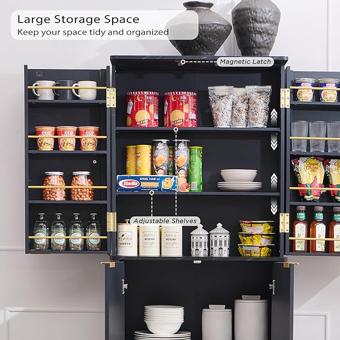 OKD Fluted Kitchen Pantry, 72" Tall Mid Century Modern Storage Cabinet with Adjustable Shelves & Door Organizer, Wood Cabinet for Kitchen, Living Room, Dark Grey-Ruum Studio Home