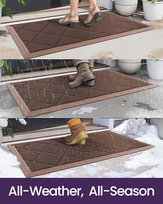 DEXI Front Door Mats Outside Entrance, 17x36 Rubber Waterproof Dirt Trapping Entry Mat for Entryway, Heavy Duty Non-Slip Low-Profile Welcome Doormat All Weather for Patio, Brown-Ruum Studio Home