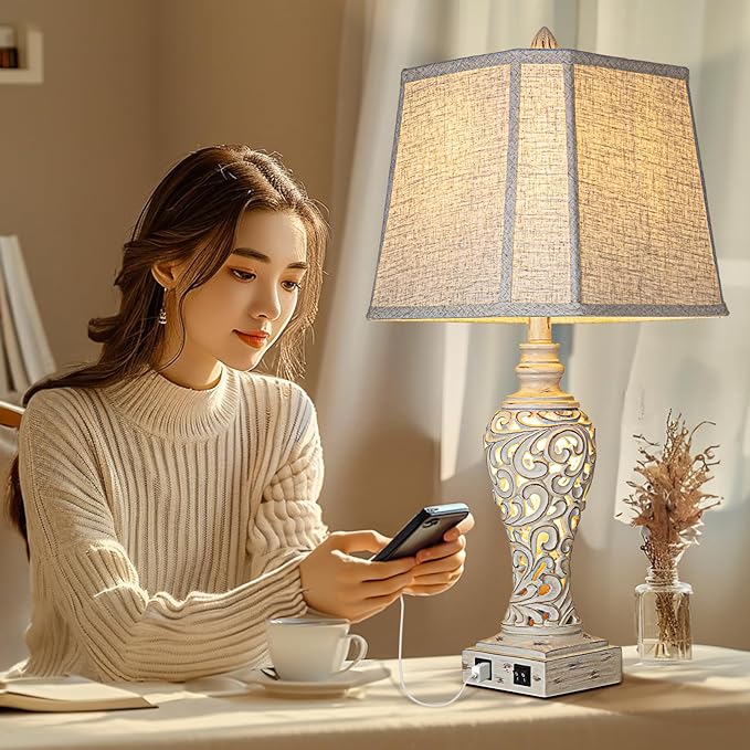 28.5" Table Lamps Set of 2 - Bedside Lamp with Fabric Shades - for Bedroom and Living Room with USB and Nightlight - Perfect for Nightstands and Bedrooms-Ruum Studio Home