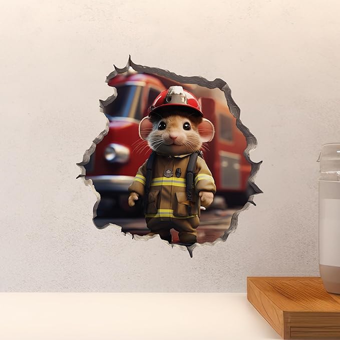 Firefighter Mouse in Mouse Hole Decal - Mouse Hole 3D Wall Sticker-Ruum Studio Home