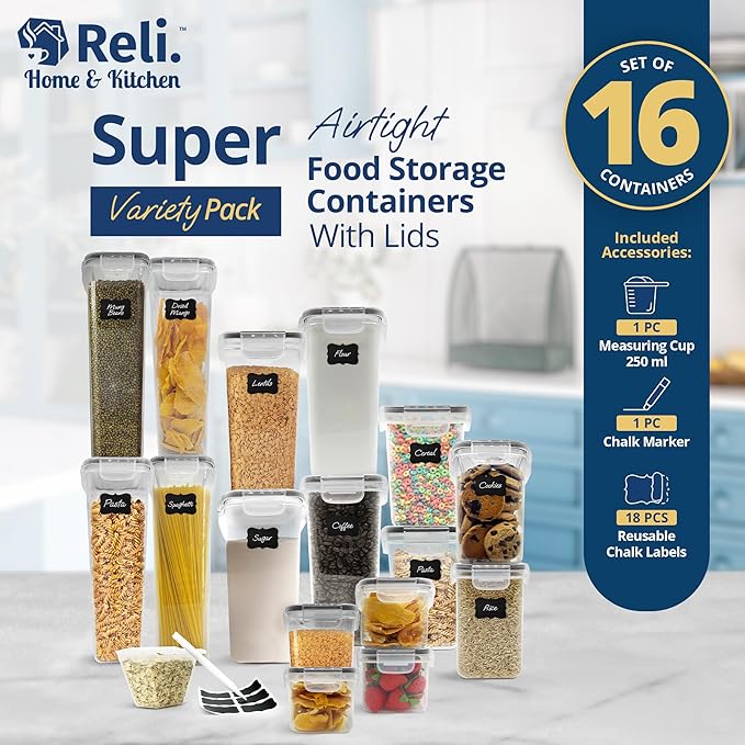Reli. Airtight Food Storage Containers with Lids (16 Sets) | Kitchen Organizers and Storage Pantry Organizers | BPA Free Plastic Food Containers | Super Variety Pack w/Measuring Cup, 18 Labels, Pen-Ruum Studio Home