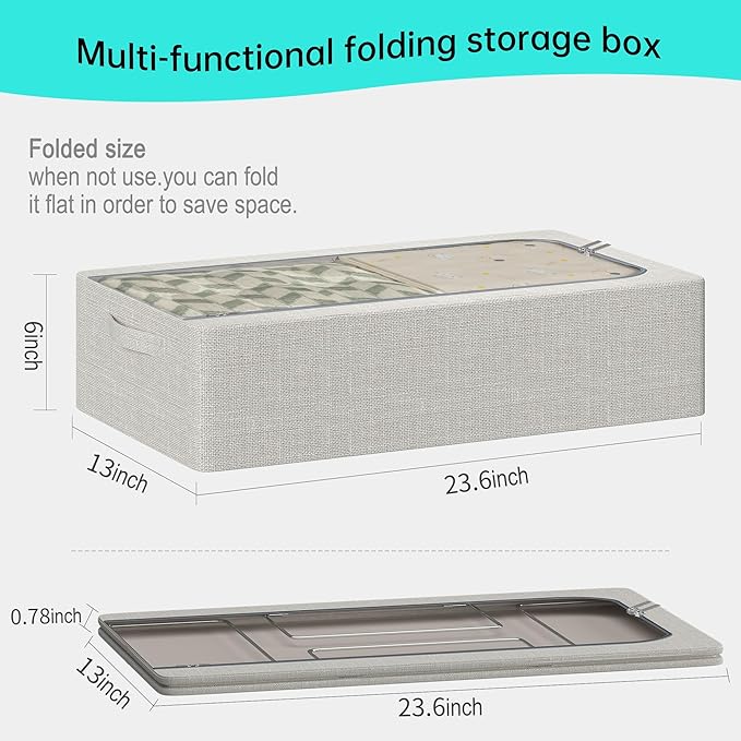 3PCS Under Bed Storage Bins with Metal Frame, Linen Fabric Frame Storage Box Clothes Organizer Bins, Underbed Container with Clear Window (Light Grey, 23.6 x 13 x 6IN)-Ruum Studio Home