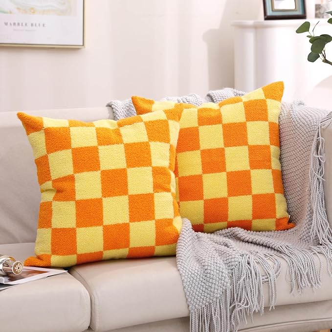 Alysheer Checkered Embroidered Decorative Throw Pillow Covers 18"x 18" Set of 2, Farmhouse Boho Orange Yellow Plaid Tufted Patterned Cotton Canvas Cushion Case for Sofa Couch Bed Living Room Outdoor-Ruum Studio Home