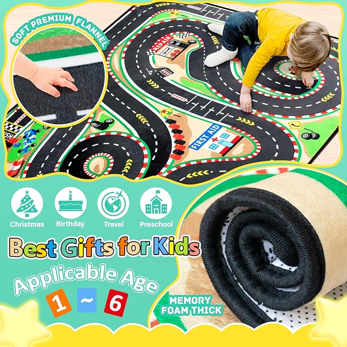 Kids Rug, Race Track Baby Play Mats, Realistic 3D Cascading Surround Route, 4x6 Ft Kids Rug for Playroom, Great for Playing with Cars and Toys, Non-Slip Car Carpet-Ruum Studio Home