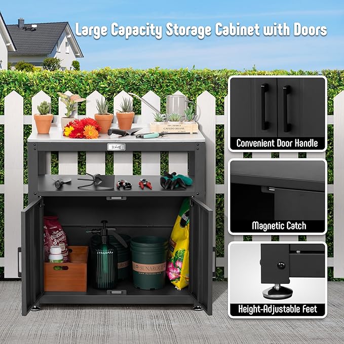 Garden Potting Bench with Storage Cabinet,Outdoor Gardening Table & Work Bench for Plants, Horticulture,Outdoor Workstation with Stainless Steel Tabletop,Outdoor Work Table-Ruum Studio Home