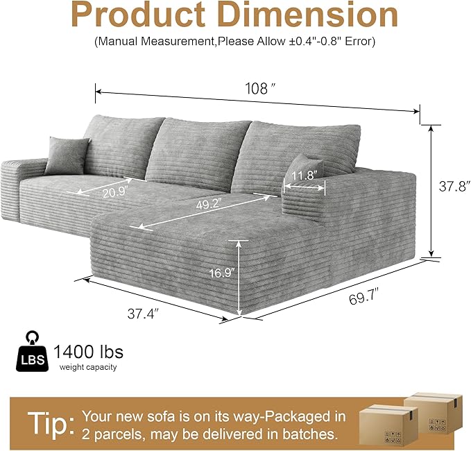 108" Sectional Couches for Living Room Modern Modular Sofa with L-Shape Couchs Upholstered Boneless Couch Deep Seat Sectional Couch with Chaise (Grey, Right Facing Chaise+2Seaters)-Ruum Studio Home