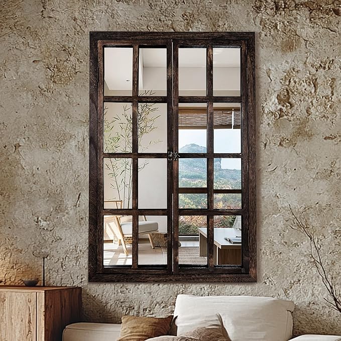 Wall Mirror with Window Design, 36"x24" Rustic Farmhouse Wood Mirror for Wall Decor, Decorative Vintage Mirror for Living Room, Bedroom, Entryway-Ruum Studio Home