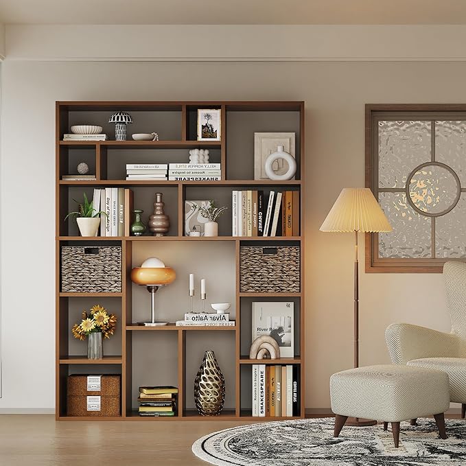 6-Tier Large Open Bookcase 71” Tall Sturdy Wooden Bookshelf with Baskets,Modern Style 16-Cube Home Display Shelf for Bedroom, Living Room（Oak Color）-Ruum Studio Home