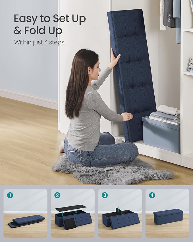SONGMICS MAZIE Collection - 43 Inches Folding Storage Ottoman Bench, Ottoman Foot Rest, End of Bed Bench, Storage Chest, Load 660 lb, for Living Room, Bedroom, Entryway, Midnight Blue ULSF77IN-Ruum Studio Home