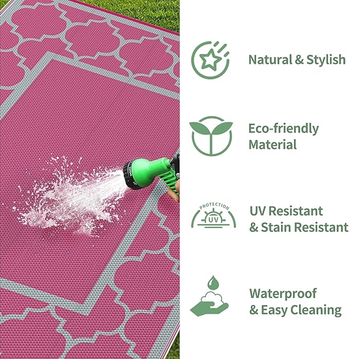 GENIMO 6' x 9' Outdoor Rug Waterproof for Patio Decor, Foldable Reversible Plastic Straw Area Rugs Mat for Camper, Outside Carpet for Rv, Deck, Porch, Picnic, Beach, Balcony, Pink & Grey-Ruum Studio Home