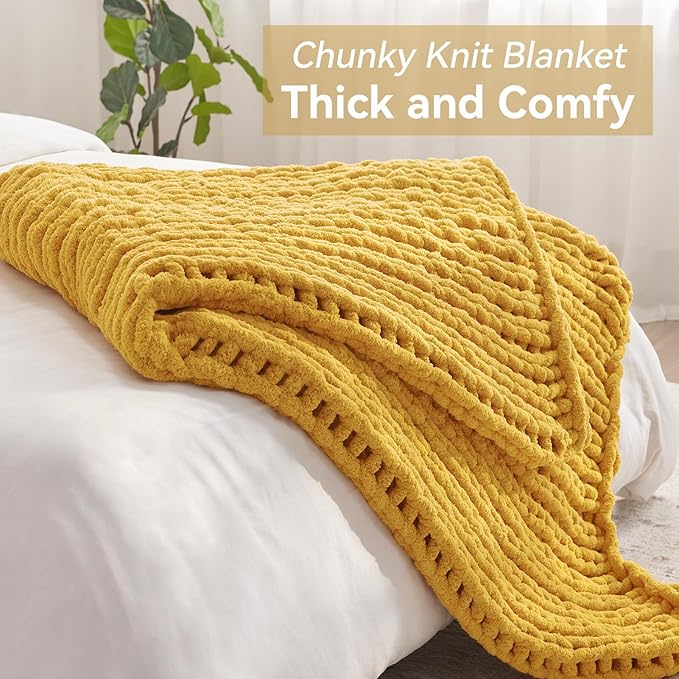 Chunky Knit Throw Blanket, 60''*80'' Knitted Throw Chenille Yarn for Bed Couch, Handmade Yellow Crochet Big Thick Blanket, Machine Washable Cute Comfy Blanket for Home Decor-Ruum Studio Home