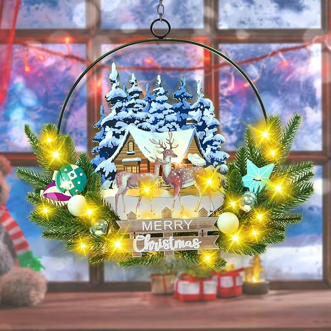 Light up Christmas Wreaths for Front Door, Welcome Metal Wooden Door Wreath Decor Hanging Sign, 30 LED Lighted Wall Decor Battery Operated for Halloween Indoor Outdoor (Deer)-Ruum Studio Home