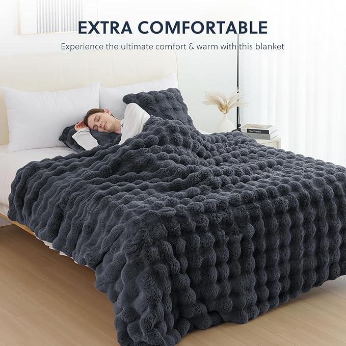 Cozy Faux Fur Throw Blanket for Bed-Warm Fuzzy Throw Blanket, Soft Plush Thick Bubble Blankets for Bedroom and Living Room, Furry Luxury Blanket, 60 x 80, Grey-Ruum Studio Home