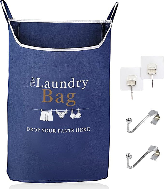 Fine Living Co. Large Hanging Laundry Hamper with Over Door Hooks & Adhesive, Durable Space Saving Laundry Bag with Zipper and Wide Open Top, Hanging Dorm Laundry Hamper (Navy Blue with Print-XL)-Ruum Studio Home