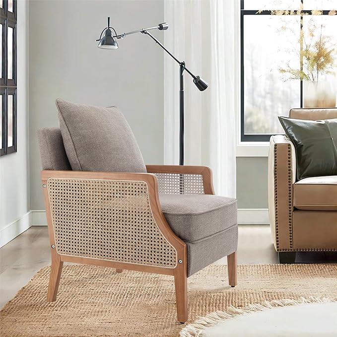 HAOBO Home Mid Century Modern Accent Chair Upholstered Living Room Chairs Armchair with Rattan Armrest Comfy Reading Chair with Wood Frame Lounge Side Chair with Waist Cushion-Ruum Studio Home