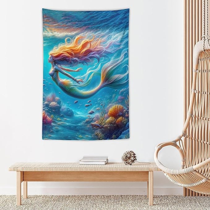Mermaid Tapestry Ocean Tapestries Coastal Fabric Wall Hanging Aesthetic Space Indoor Outdoor Wall Art Tablecloth Bedspread Decoration for Girl’s Bedroom Dormitory Living Room Home Decor 40"x60"-Ruum Studio Home