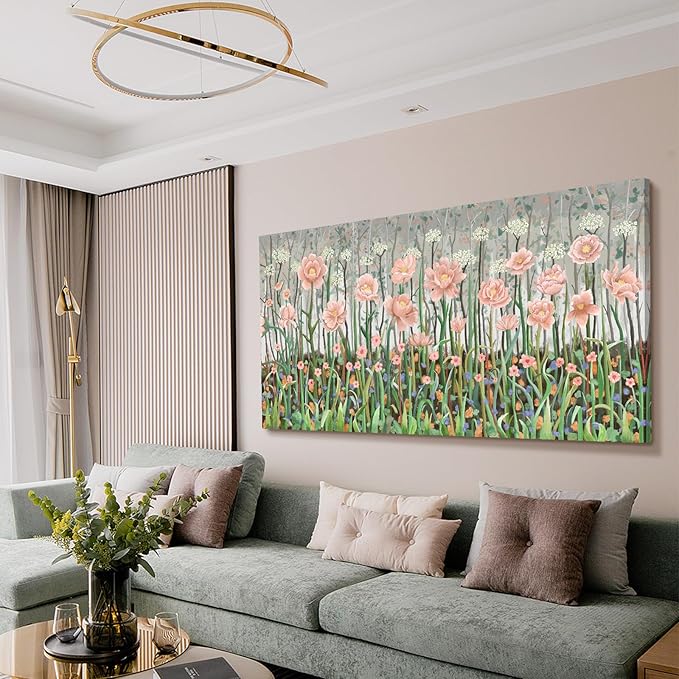 amatop Extra Large Floral Wall Picture for Living Room Modern Botanical Canvas Prints Flower Field Wall Decor Abstract Nature Art Wildflower Garden Pink Green Stretched Artwork Bedroom Office 58x29 in-Ruum Studio Home