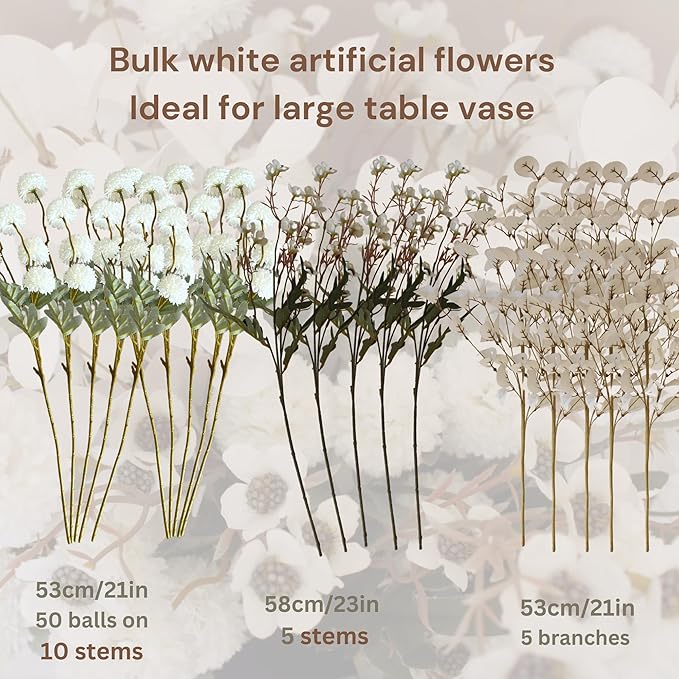 White Artificial Flowers Bulk for Vase That Look Real, White Flower Centerpiece for Table, Silk Floral for Home Decor Indoor, Faux Kiku + Eucalyptus Stems + Wildflowers, Flores Blancas Artificiales-Ruum Studio Home