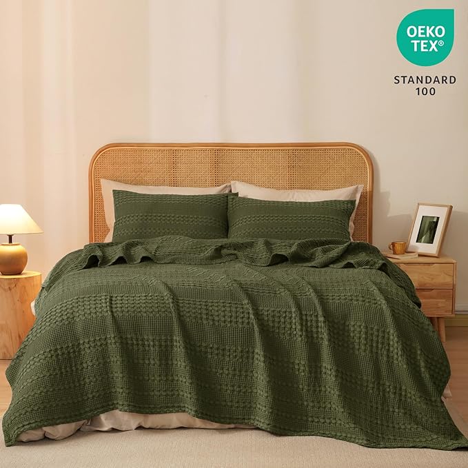 PHF 100% Cotton Waffle Weave Blanket King Size, Soft Lightweight Breathable Cozy Summer Blankets for Bed, Luxury Aesthetic Woven Bedding for Home Decor, 108"x90", Capulet Olive-Ruum Studio Home