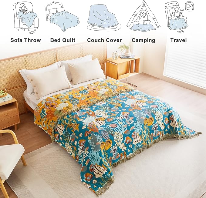 MSGKV Throw Blanket for Couch Bed Cotton Muslin Breathable Cute Ocean Animals Twin Size Blanket 60"x80" for All Seasons Lightweight Farmhouse Blankets-Ruum Studio Home