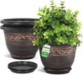 Plastic-Plant-Flower-Planters-16 Inch with Drainage Hole & Saucer, 3 Packs Lightweight Small Resin Flower Pot Indoor Outdoor, Retro Antique Imitation Decorative Garden Containers Sets for Houseplants-Ruum Studio Home