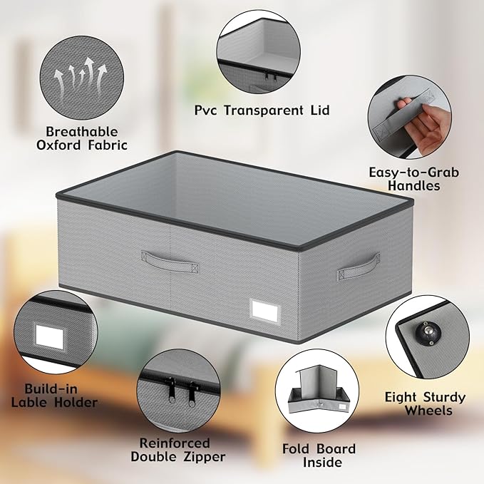 Under Bed Storage with Wheels, No Assemble Required 10 inches height Under Bed Storage bins,Large capacity Rolling Under bed Shoe Storage containers，dorm under bed storage drawers-Ruum Studio Home