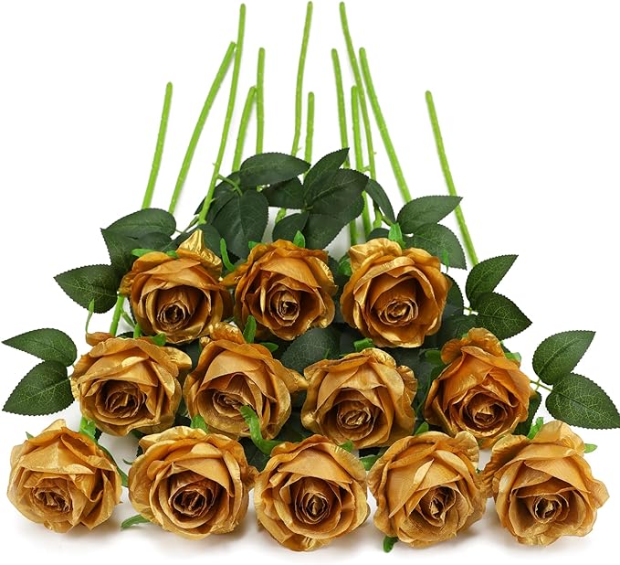 Gold Fake Roses Artificial Flowers - 16 Pcs Fake Artificial Roses Silk Flowers with Stems for Home Wedding Hotel Office Centerpiece Decor-Ruum Studio Home