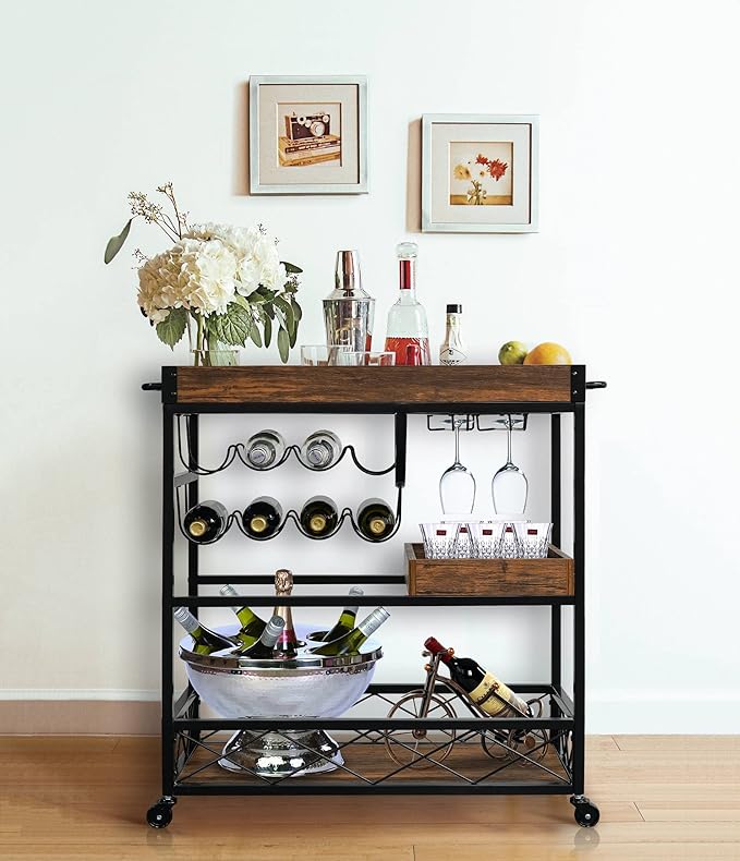 Bar Cart for The Home, 3 Tire Industrial Rolling Serving Cart on Lockable Wheels, Alcoholic Beverage Trolley with 2 Removable Trays, Wine Rack and Glass Holder for Indoor, Outdoor-Ruum Studio Home