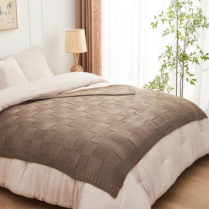 CozeCube Check Knit Throw Blanket, Light Brown Checkered Throw for Couch, Decorative Christmas Soft Cozy Warm Knitted Blanket for Bed Sofa Living Room, 60"X80"-Ruum Studio Home