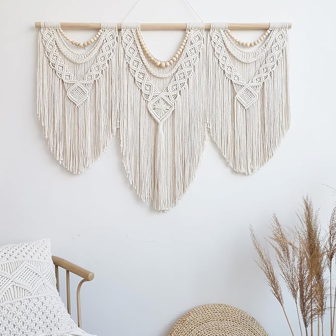 guzhiou large macrame wall hanging - Boho Tapestry Macrame Wall Decor Art- Chic Bohemian Handmade Woven Tapestry Home Decoration for Bedroom Living Room Apartment Wedding Party - 43"x32" (Wood bead)-Ruum Studio Home