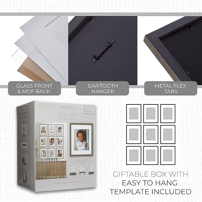 Sheffield Home 9 Piece Gallery Wall Frame Set, 11x14 Inch, Natural-Ruum Studio Home