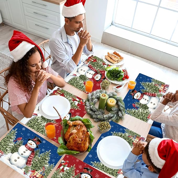 Winter Christmas Placemats Set of 6 Red Blue Snowman Plastic Table Mats Christmas Tree Birds Place Mats Washable Vinyl Seasonal Winter Table Decoration for Indoor Outdoor Party Kitchen Dining-Ruum Studio Home