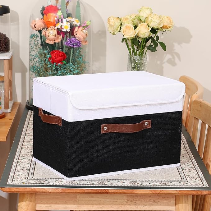 ANMINY Storage Boxes with Lids Washable Decorative Storage Bins Basket with PU Leather Handle Foldable Linen Fabric Storage Cubes Containers for Home Closet Organizer - Black White, Large Size-Ruum Studio Home
