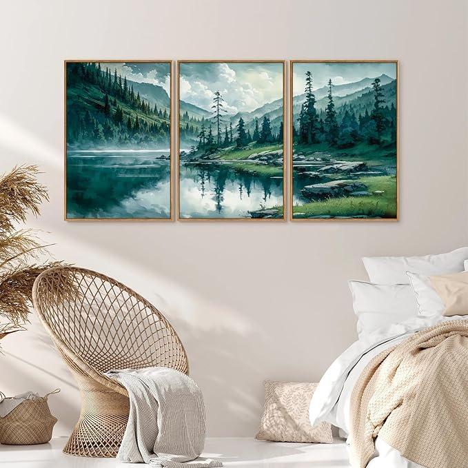 Tinonedraw Large Nature Forest Framed Canvas Wall Art Set, Boho Mountains Calming Lake Wall Decor, Green Pine Trees Artwork, Northern Wilderness Art Painting for Living Room Bedroom Office 16"x24"x3-Ruum Studio Home