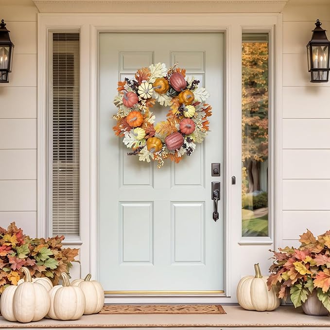 24 inch Fall Wreaths for Front Door Outside Autumn Wreath Fall Decorations for Home Decor Pumpkin Wreath for Farmhouse Holiday Thanksgiving Harvest Halloween Outdoor Indoors Fall Front Porch-Ruum Studio Home