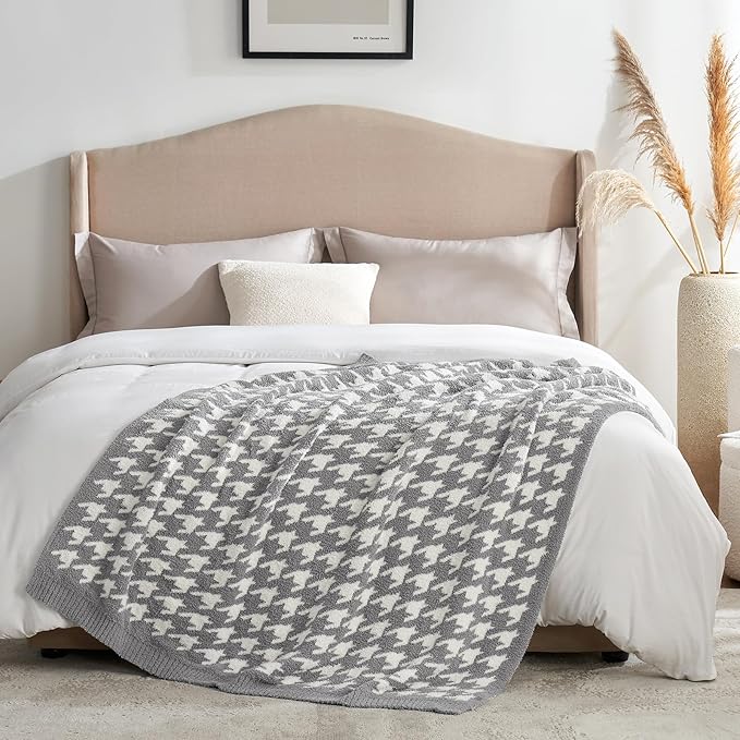 Snuggle Sac Houndstooth Throw Blanket for Couch, Reversible Super Soft Warm Blankets Cozy Knit Fuzzy Plush Lightweight Throws for Sofa, Bed, Camping, Grey,50x60 inches-Ruum Studio Home