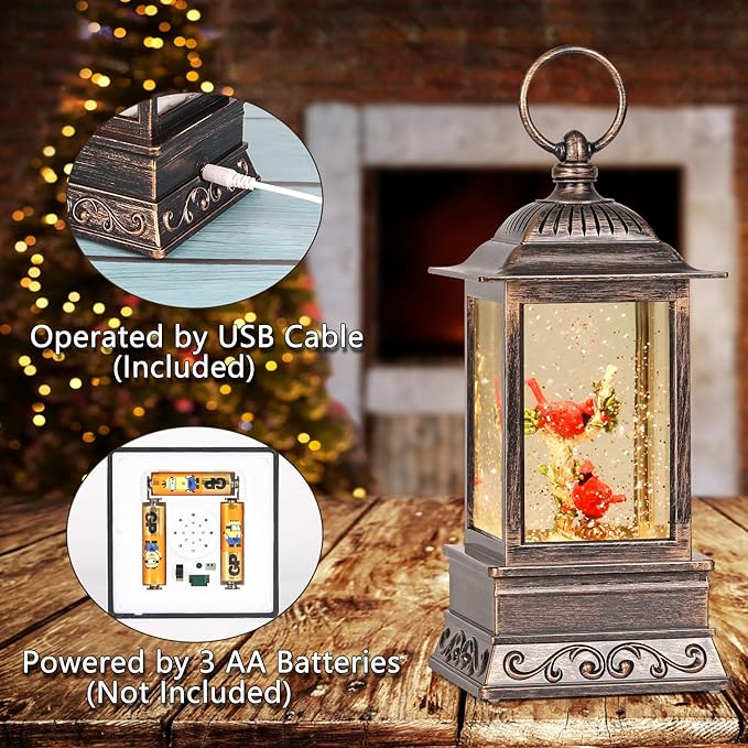 Christmas Snow Globe Cardinal Lantern, Glitter Lighted Christmas Decorations for Home with Music, Light Up Musical Snowglobe Cardinal Décor-Ruum Studio Home