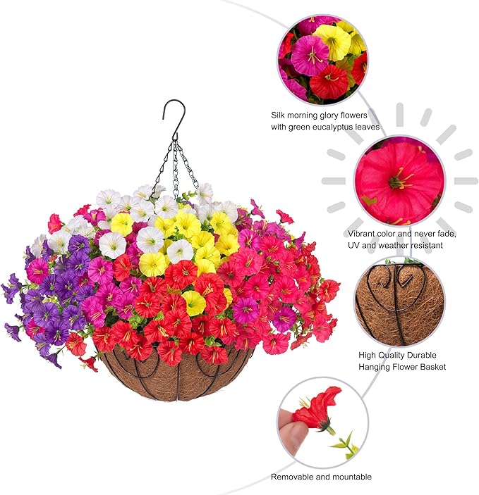 Artificial Faux Hanging Flowers Plants Basket for Outdoors, Silk Morning Glory with Eucalyptus in Planter Look Real UV Resistant Fake Flowers for Porch Outside Patio Balcony Yard Indoor Summer Decor-Ruum Studio Home