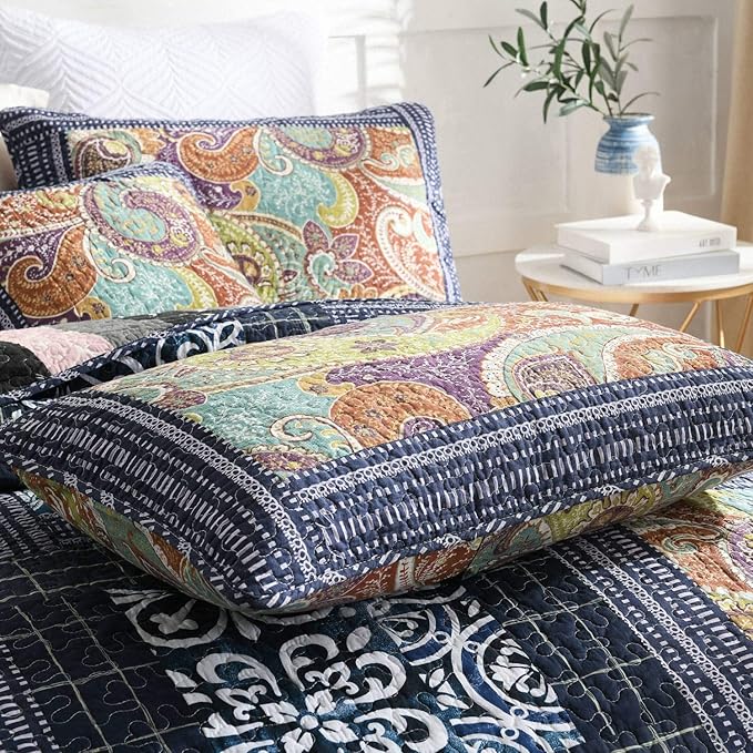 NEWLAKE Bedspread Quilt Set with Real Stitched Embroidery, Paisley Grid Pattern,Queen Size-Ruum Studio Home