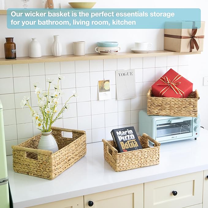 VATIMA Hyacinth Wicker Basket Set 3 size - Rectangular, Wooden Handles, Shelf Organizer, Natural Bins-Ruum Studio Home
