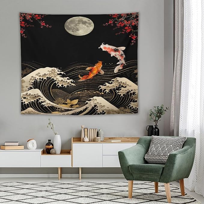 Houselerax Koi Fish Tapestry, Japanese Style Yin Yang Big Wave Cherry Blossom Tapestries Wall Hanging for Bedroom Living Room Office Decor 60"x50"-Ruum Studio Home